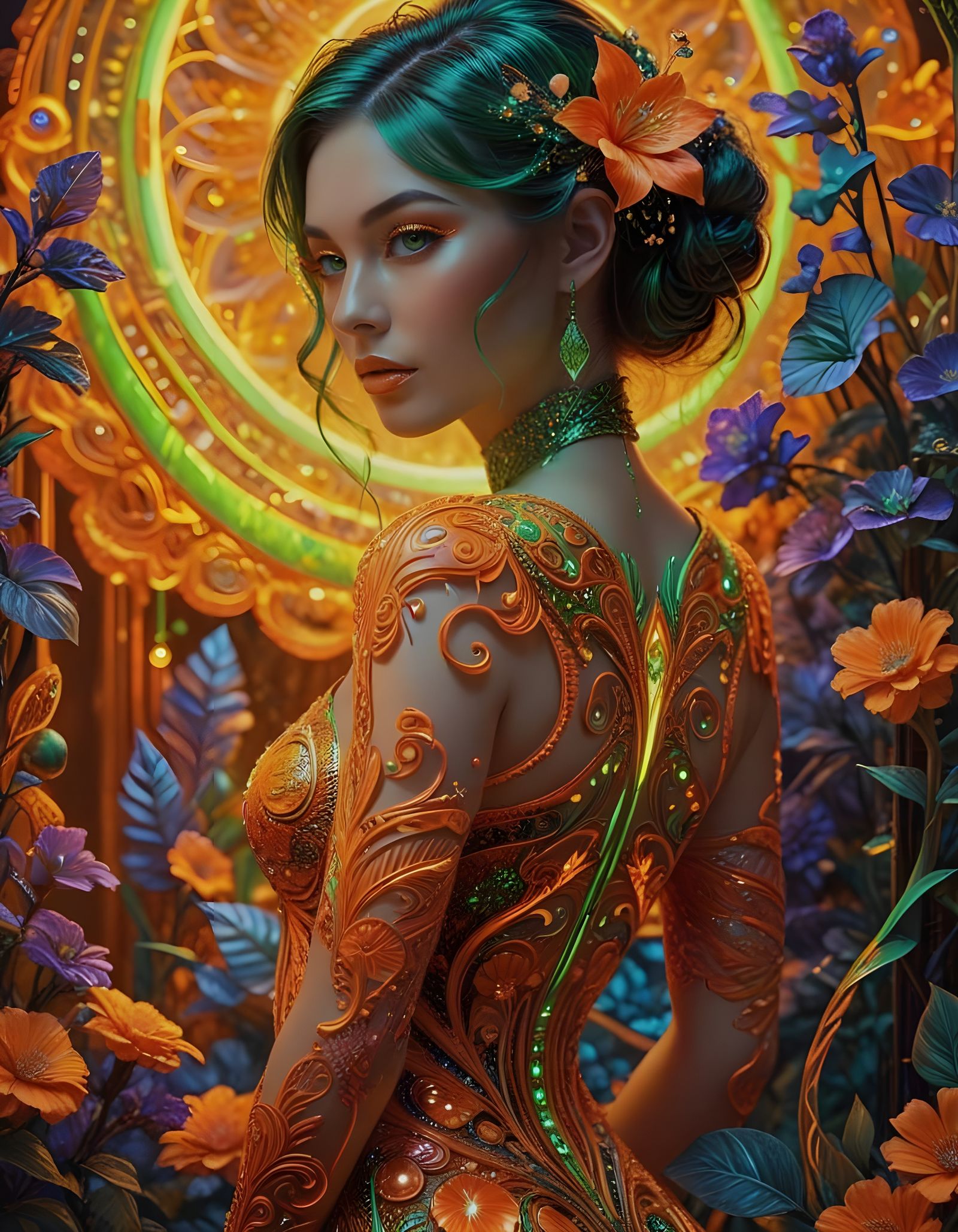 Futuristic Neon Green and Orange Carved Masterpiece