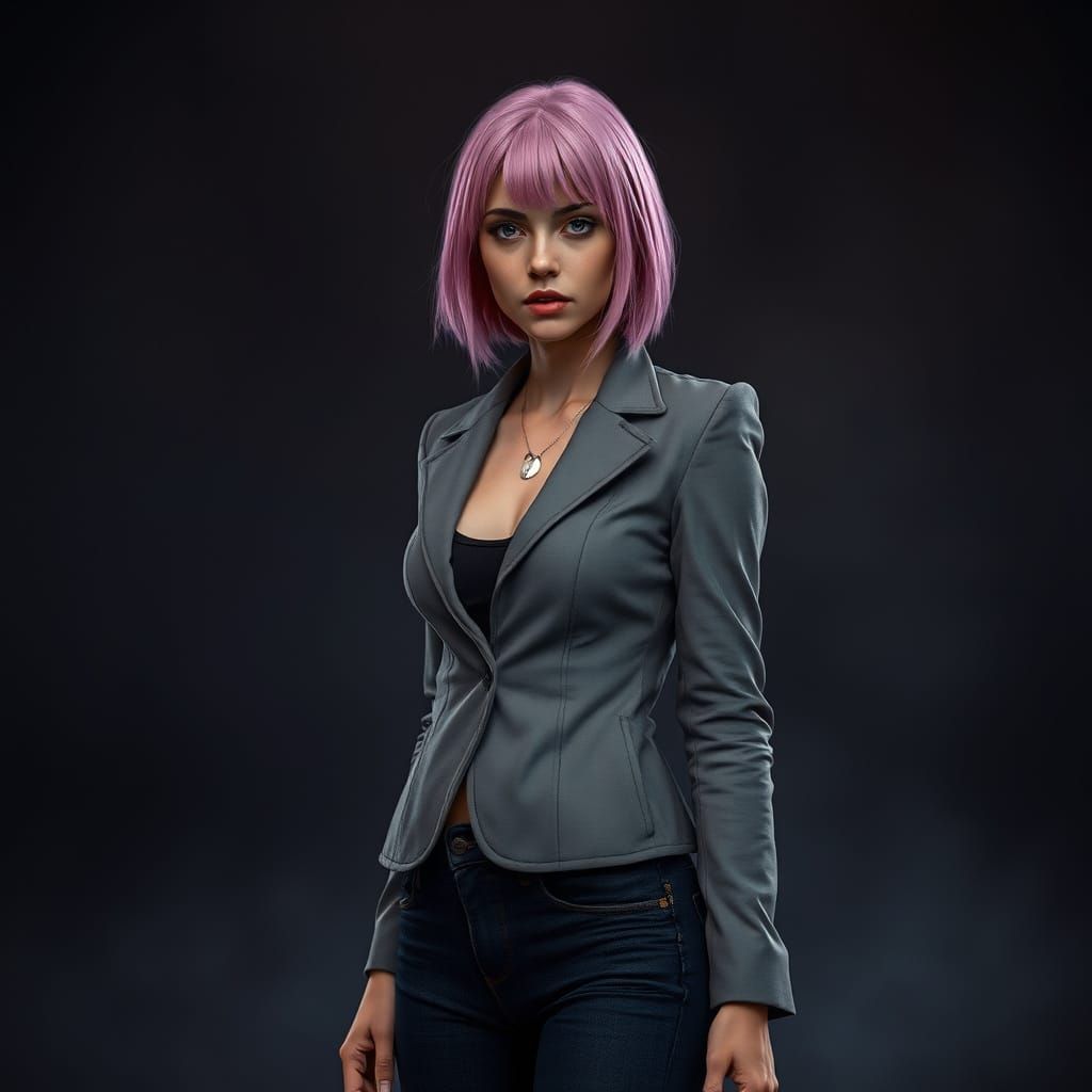 Hyperrealistic Portrait of a Mysterious Pink-Haired Woman