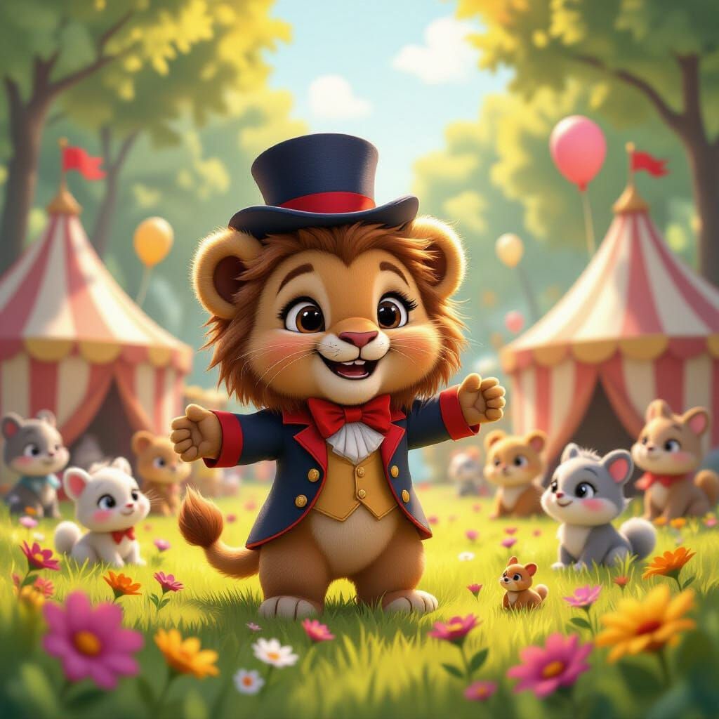 Lion Ringmaster Directs Circus, Disney-style 3D Art