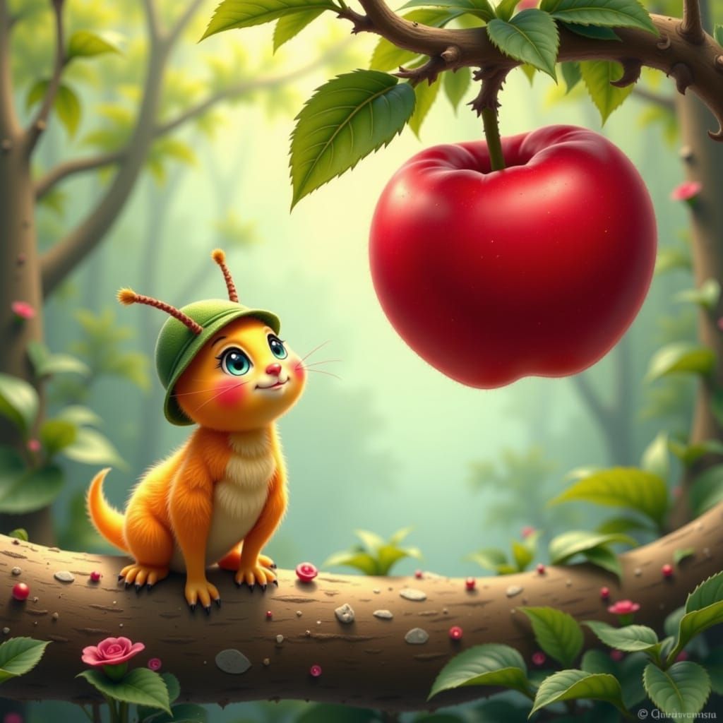 Adorable Caterpillar Finds Giant Apple in Storybook Style
