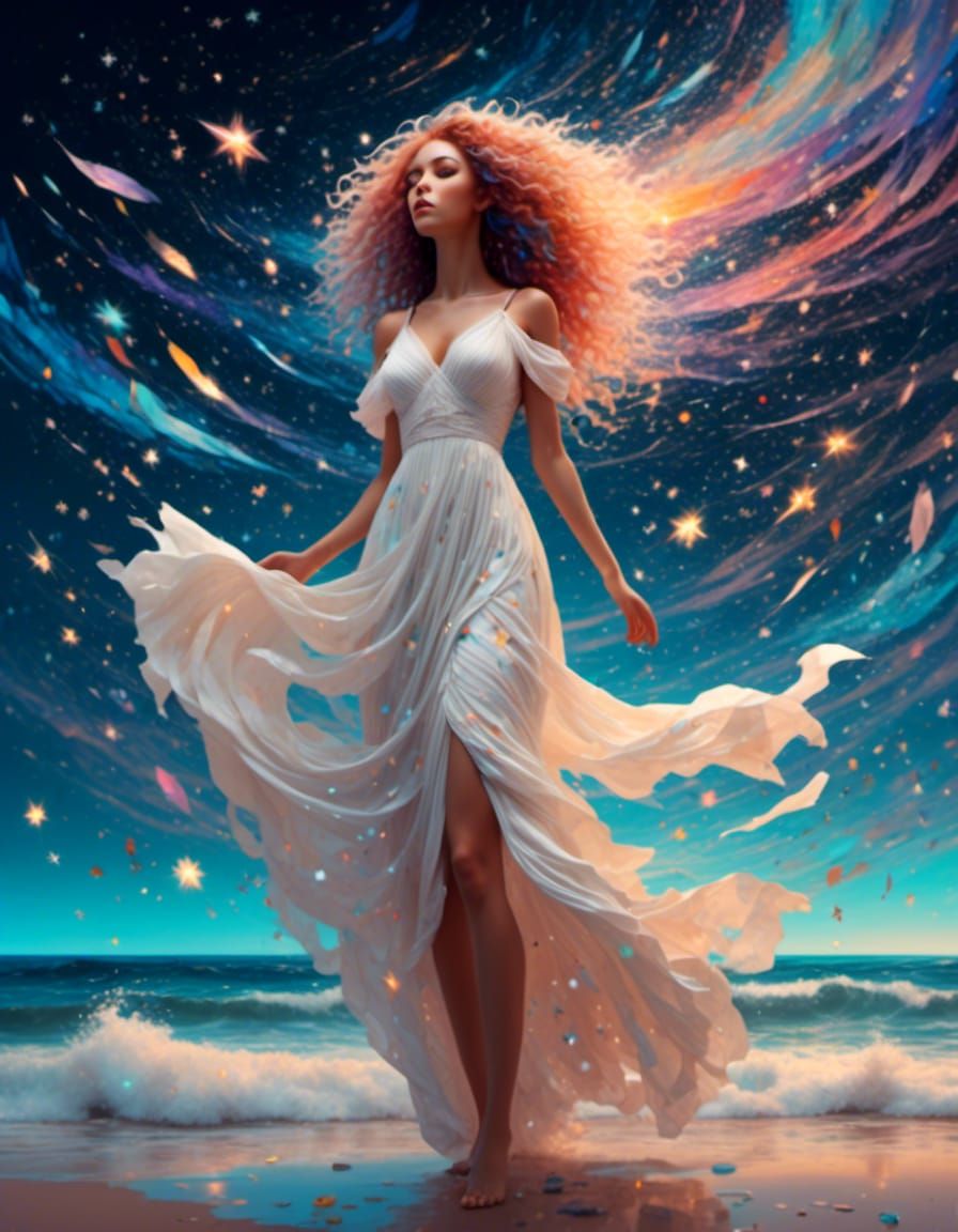 Woman on Twilight Beach with Shooting Stars