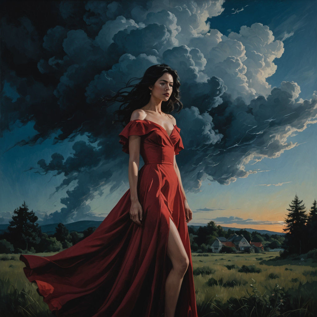 Woman in a Fiery Red Dress with Wild Black Hair