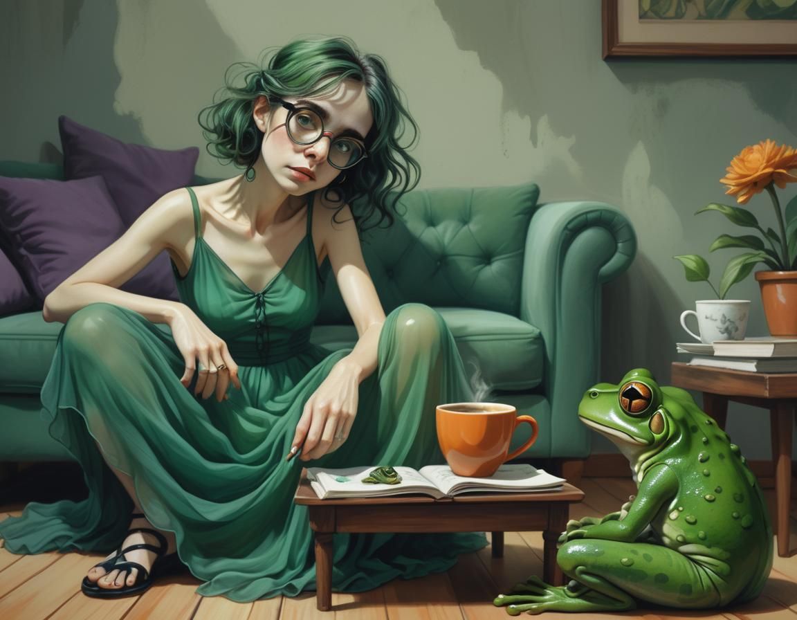 Eerie Portrait of Woman with Frog in Burton Style