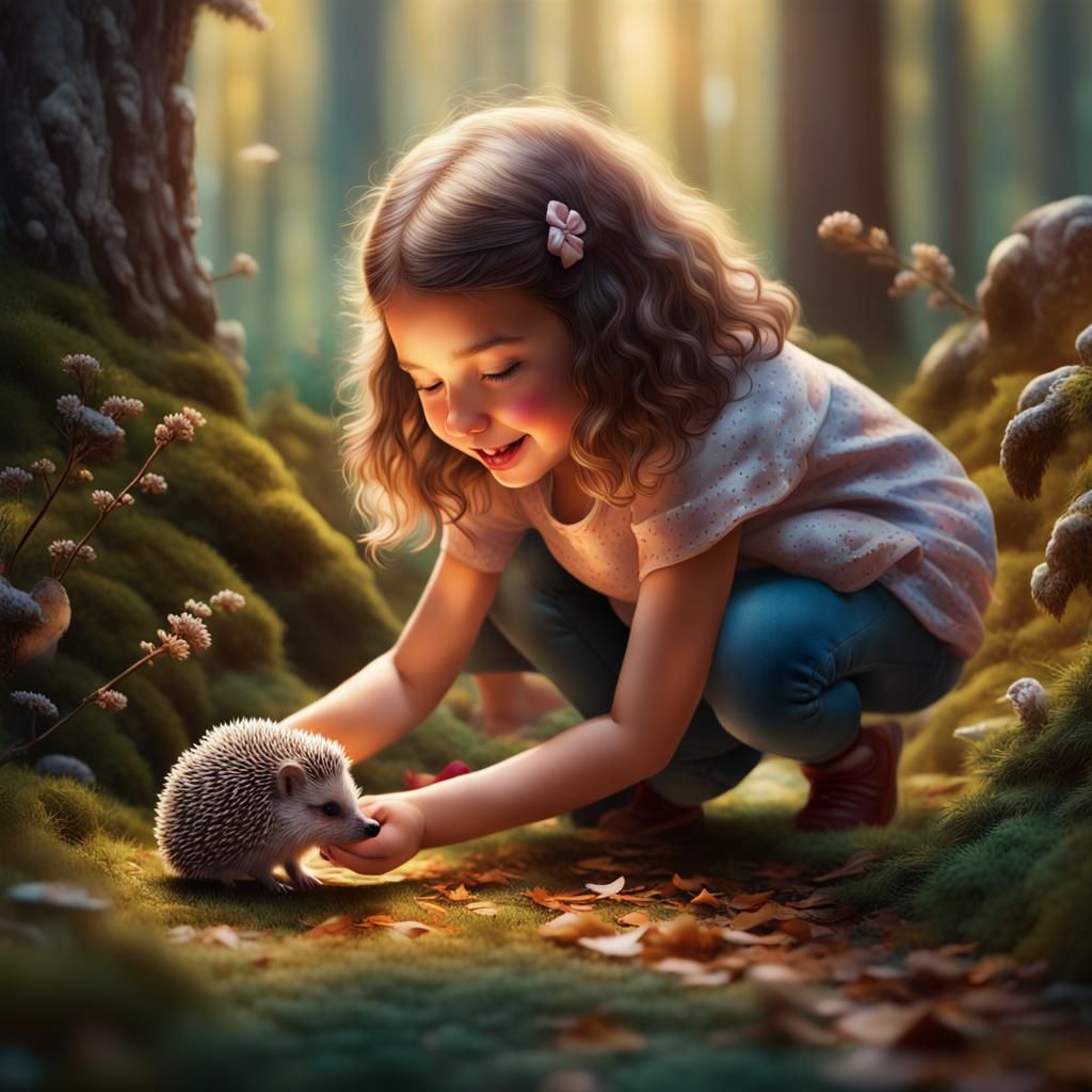 Girl and Hedgehog in Whimsical Forest, Hyperrealistic Art