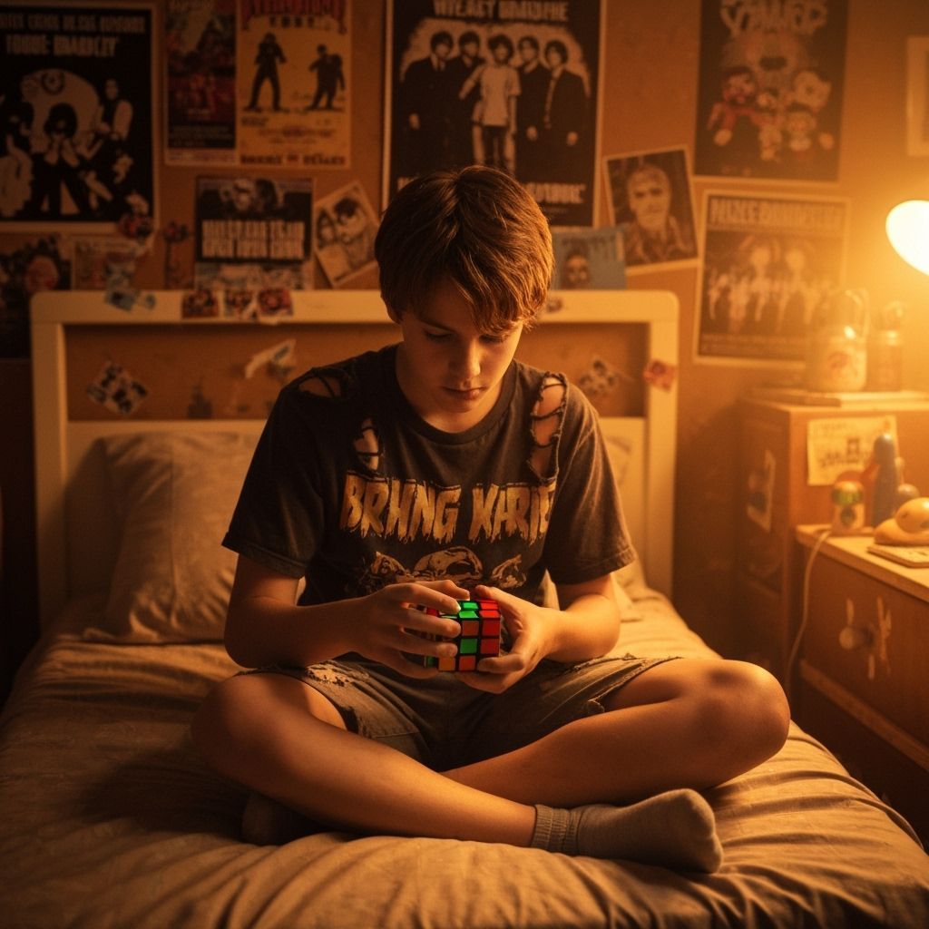 Boy Solving Rubik's Cube in 1980s Bedroom