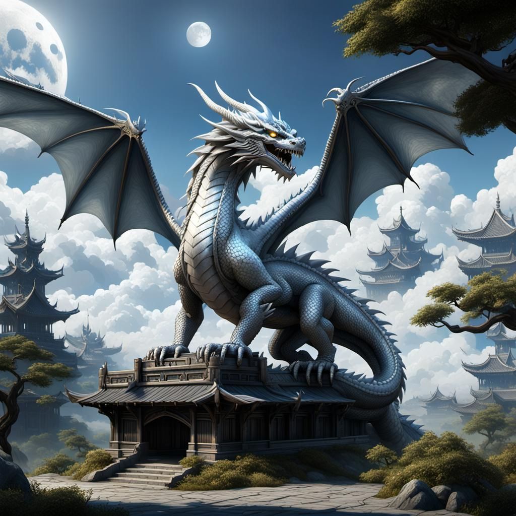 Silver Dragon Sleeps Under Moonlit Sky: Dark Fantasy Art