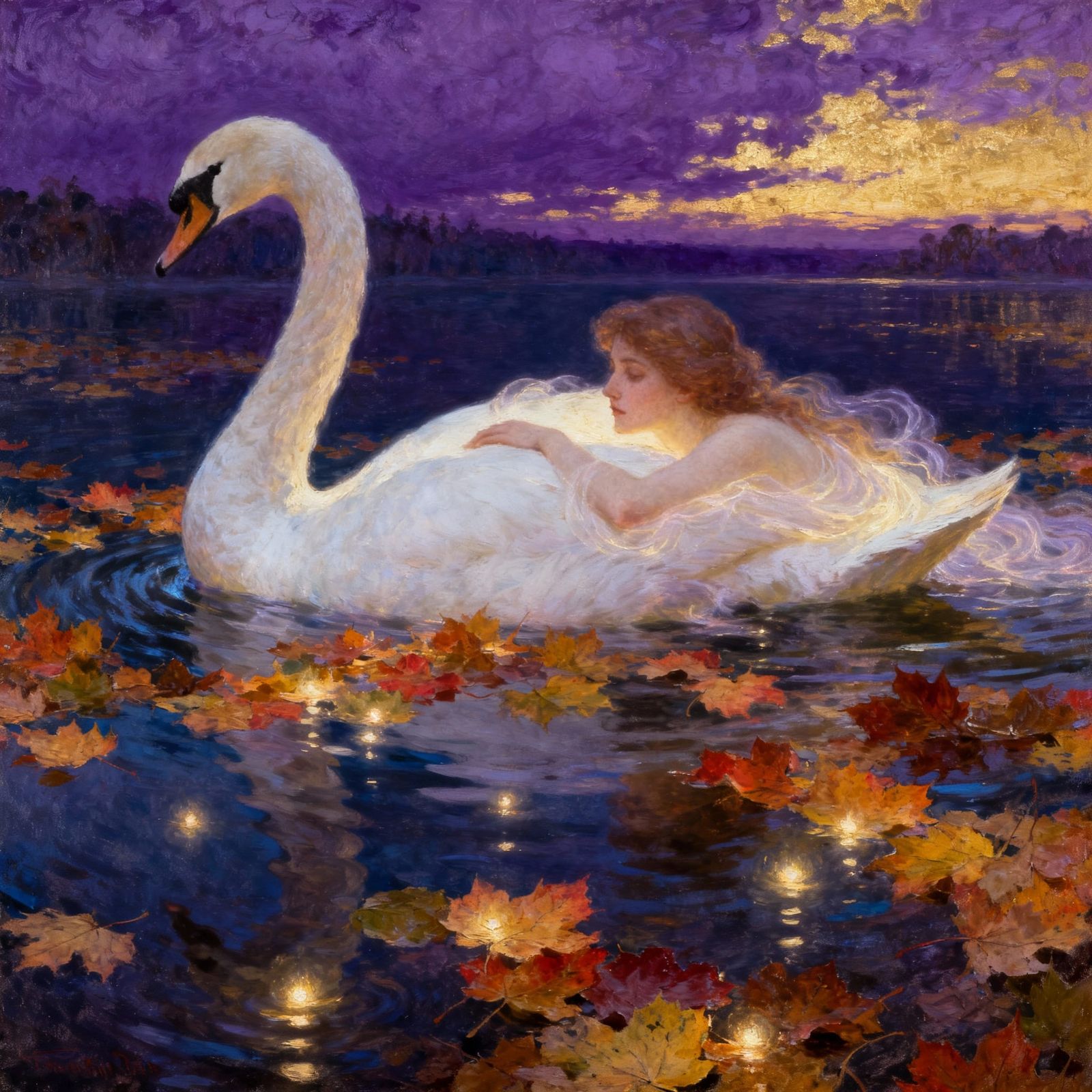 Woman Merging With Swan in Ethereal Twilight Lake
