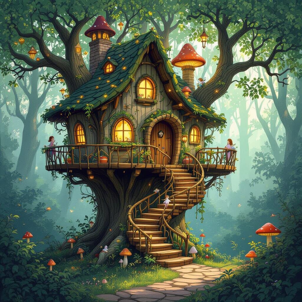Enchanted Forest Treehouse in Painterly Style