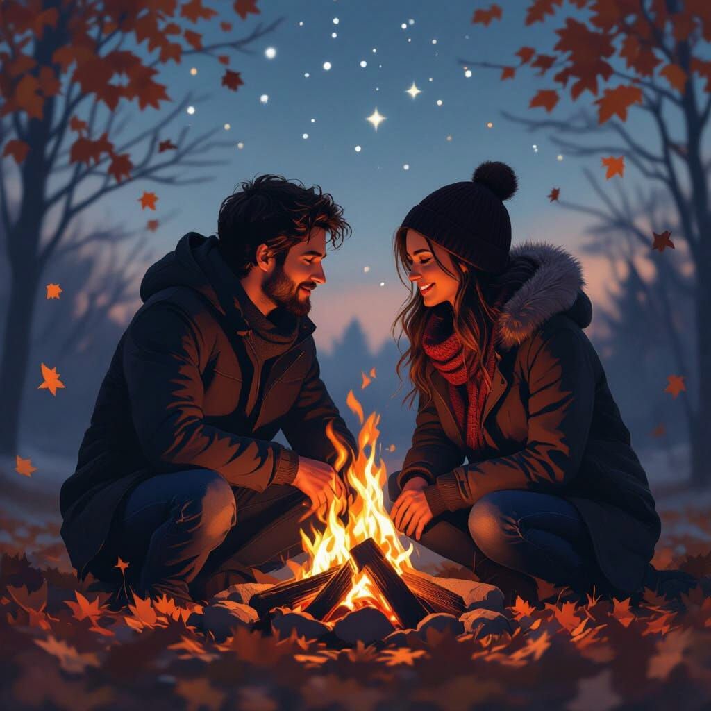 Figures Silhouetted by Bonfire on Autumn Evening