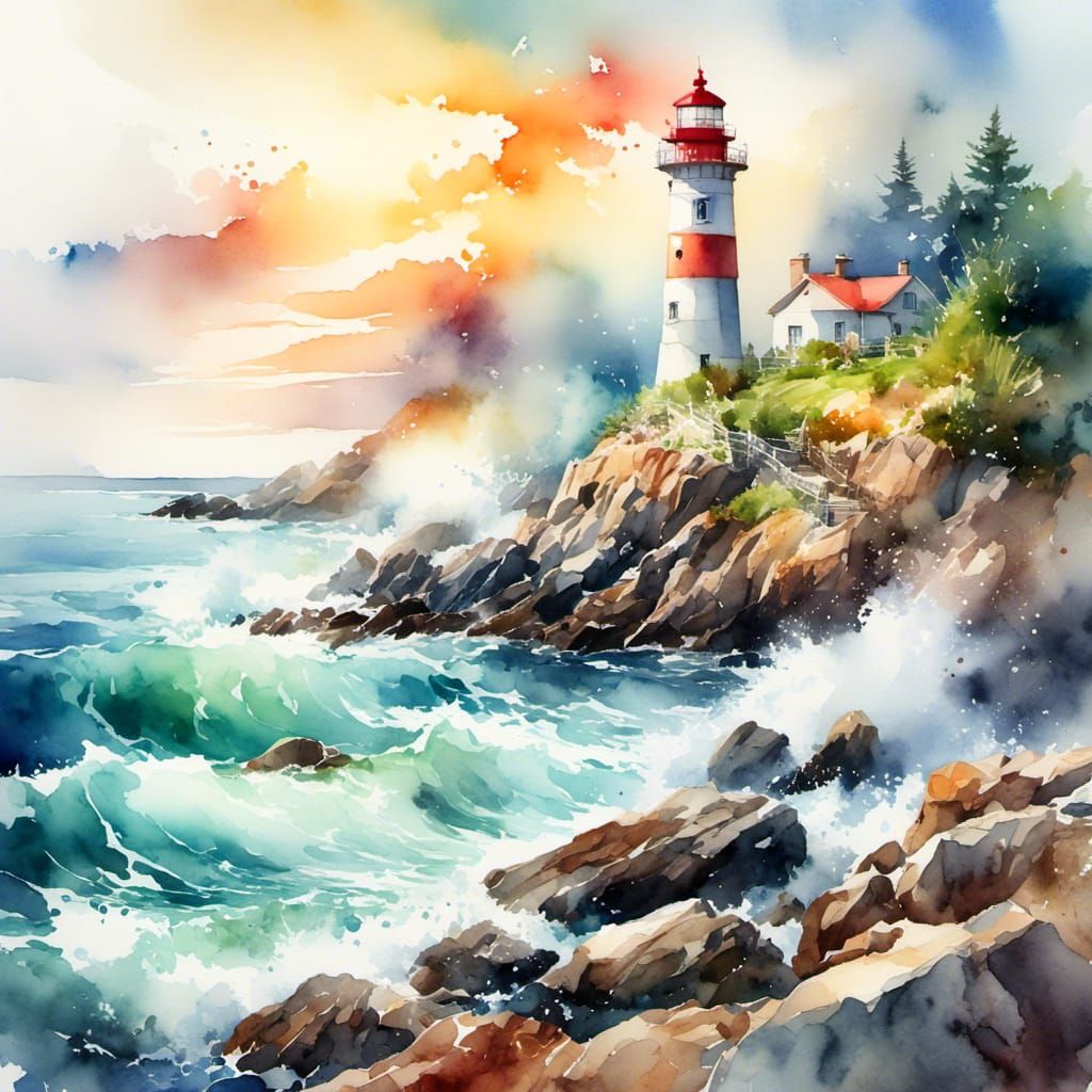 Lighthouse on Rocky Shore: Digital Watercolor Painting