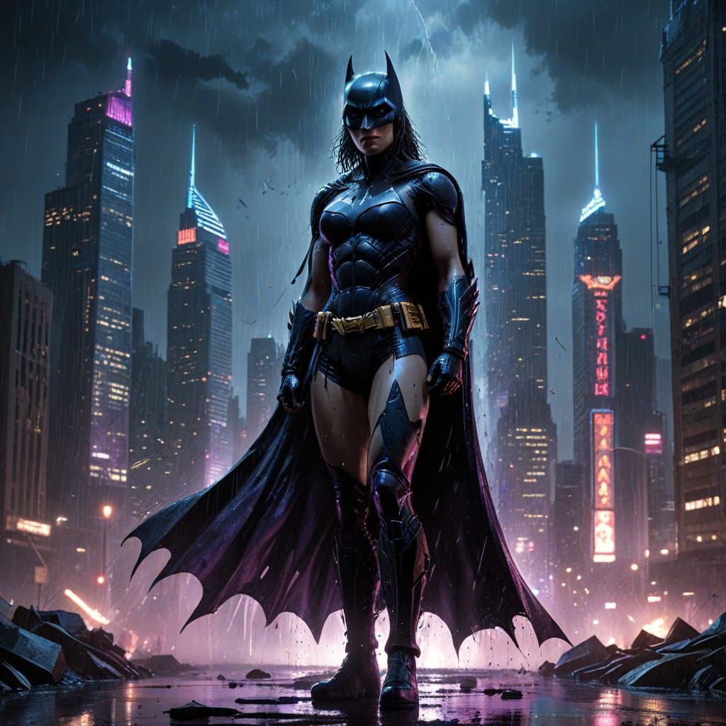 Futuristic Gotham City Scene with Batman Fan