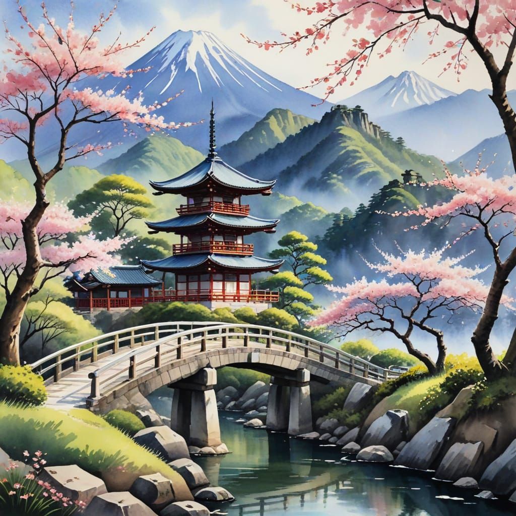 Japanese Scene with Cherry Blossoms in Watercolor