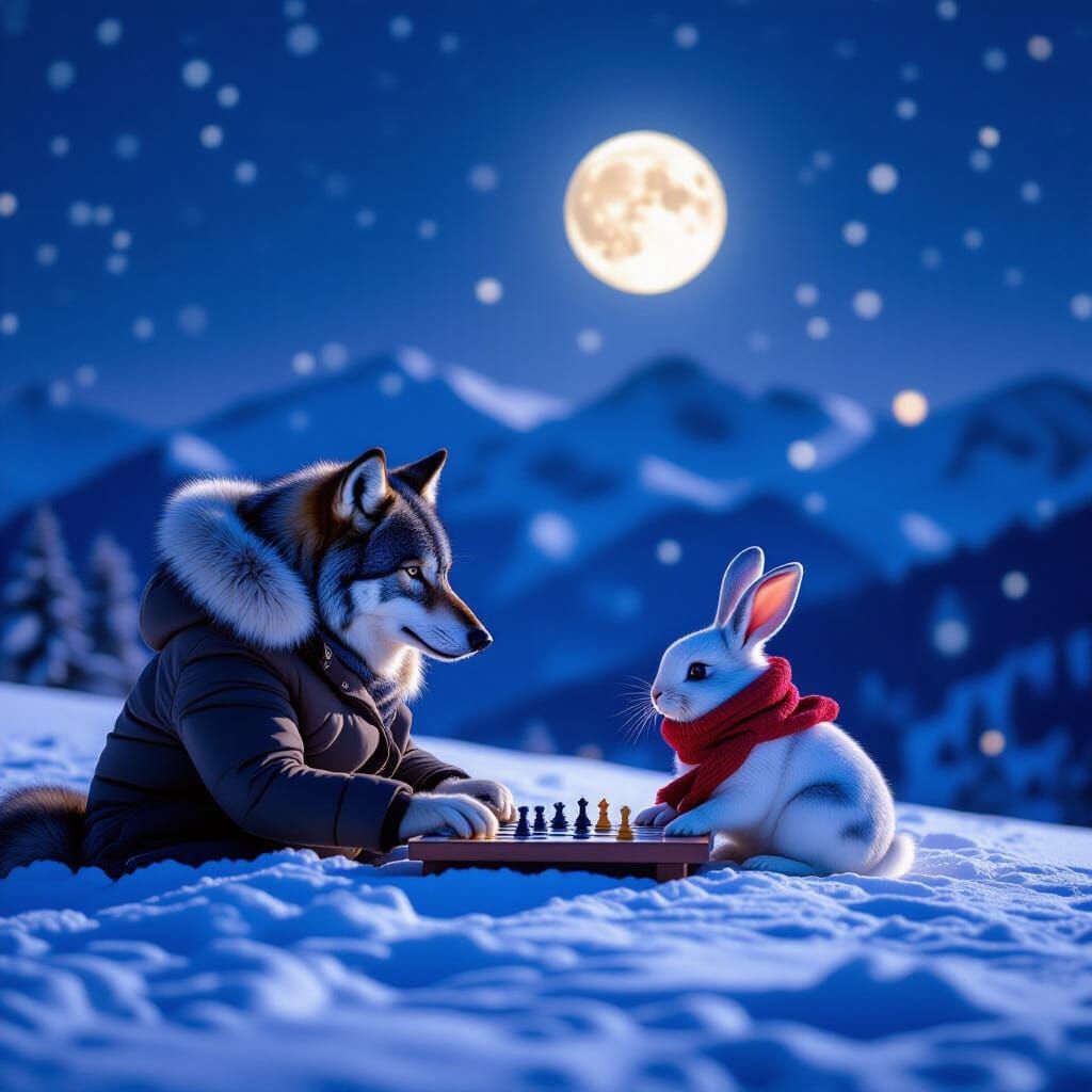 Wolf and Rabbit Play Checkers Under Full Moon