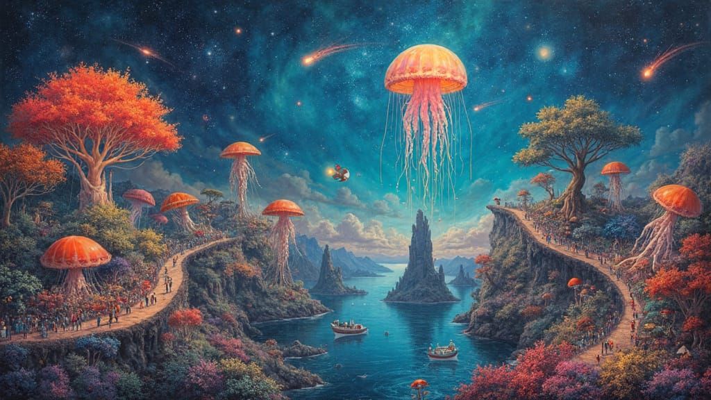 Surrealist Celestial Carnival Painting in Vibrant Colors