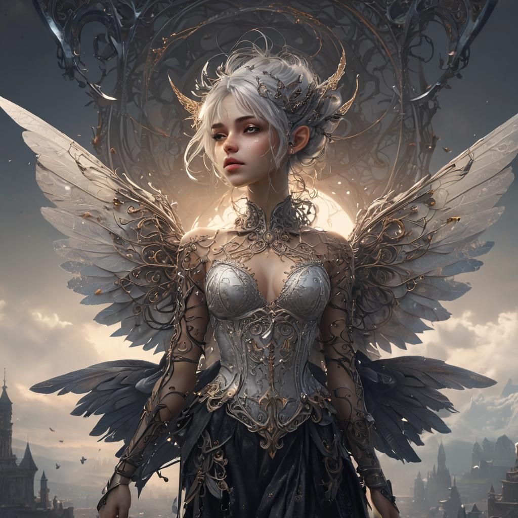 Dystopian Pixie with Lettered Bells in Gothic Fantasy Art