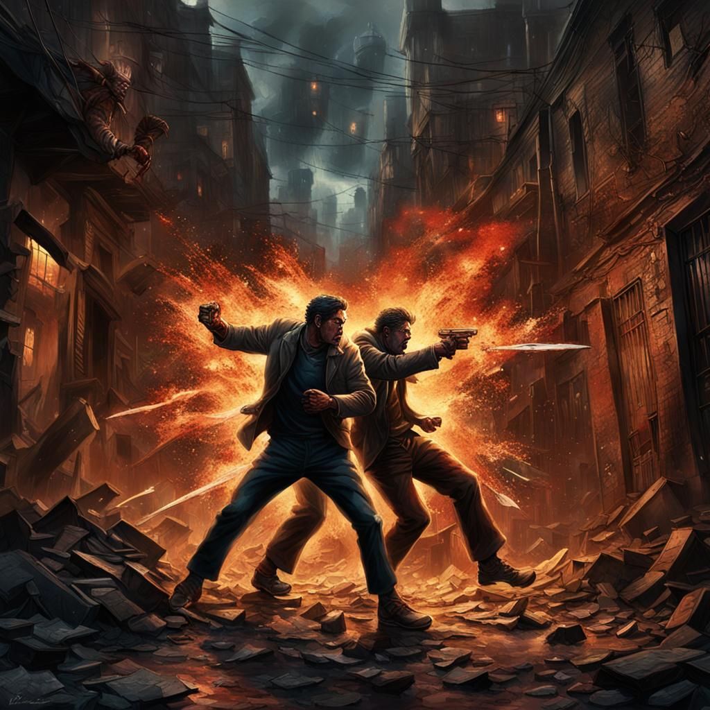 Figures Clash in Dark Alley: A Matte Painting
