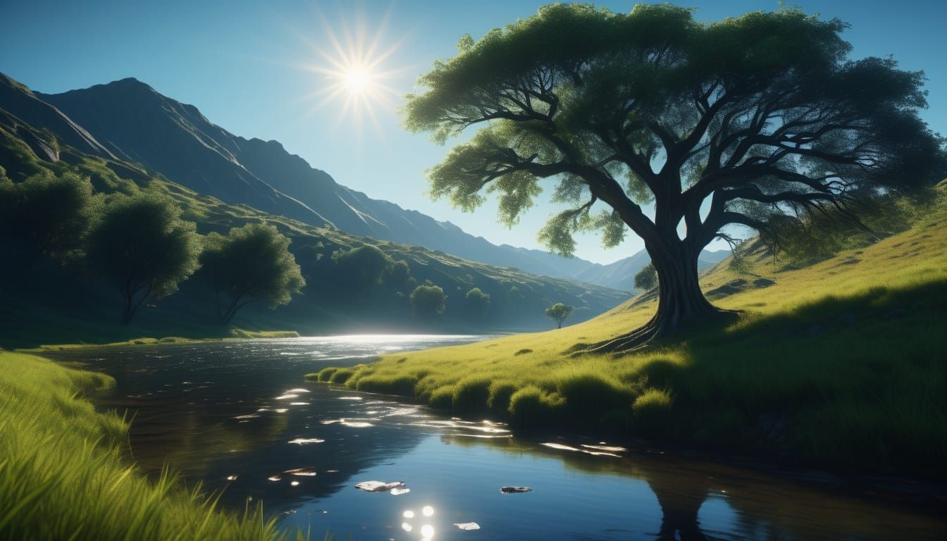 Golden Hour River Landscape with Shady Tree