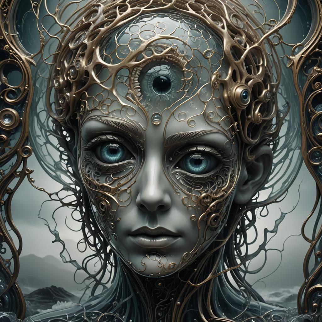 Biomechanical Art Nouveau Brain in Glass Sculpture