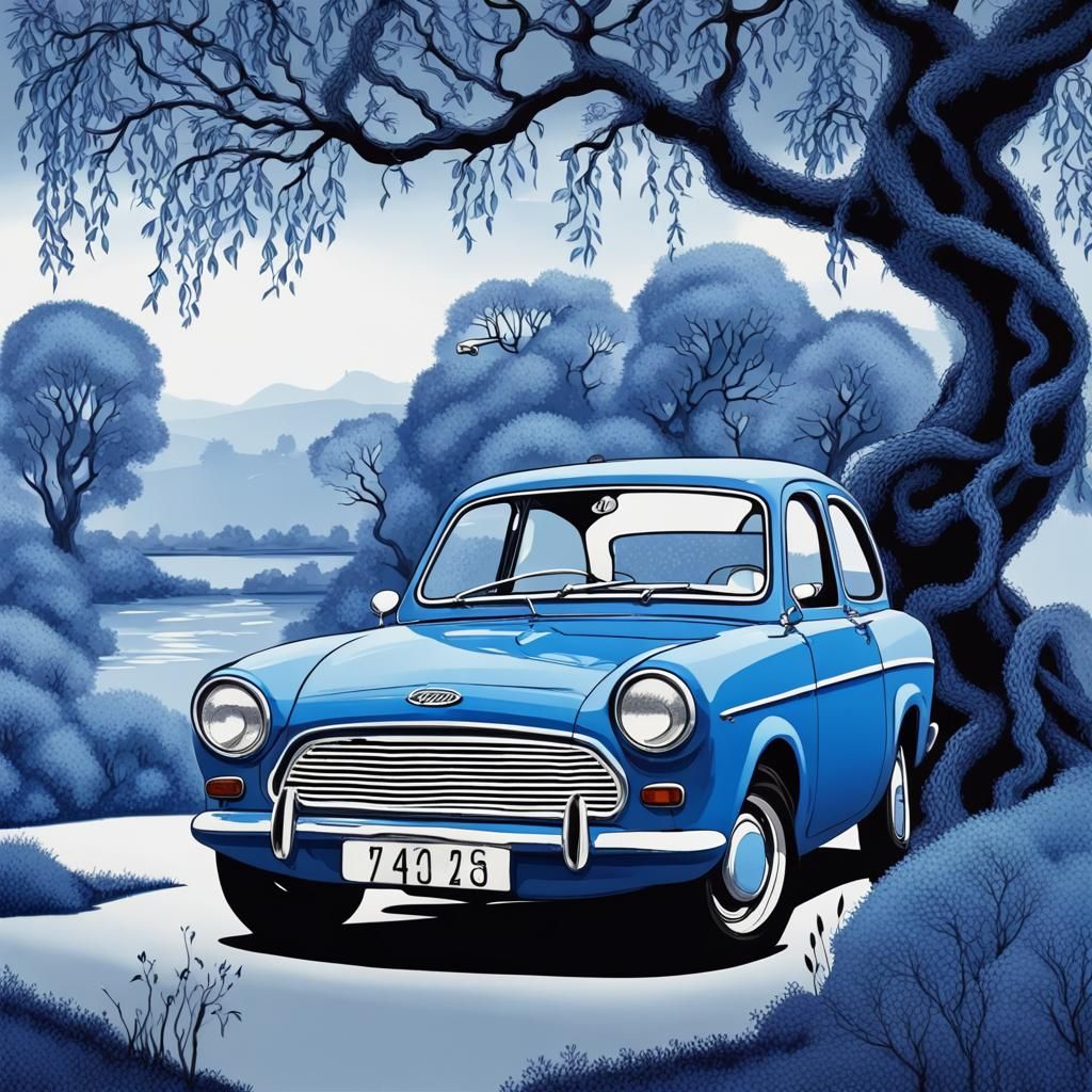 Blue Ford Anglia in Monochrome Willow Landscape