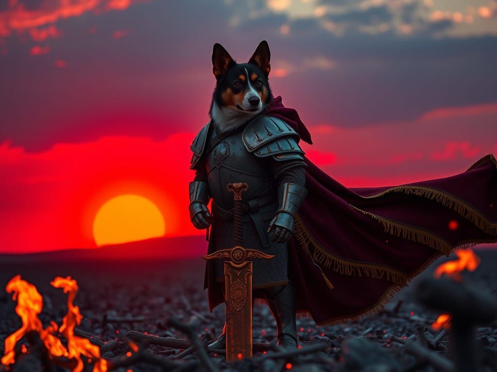 Surreal Corgi Knight in Battle-Scarred Armor Stands Against ...
