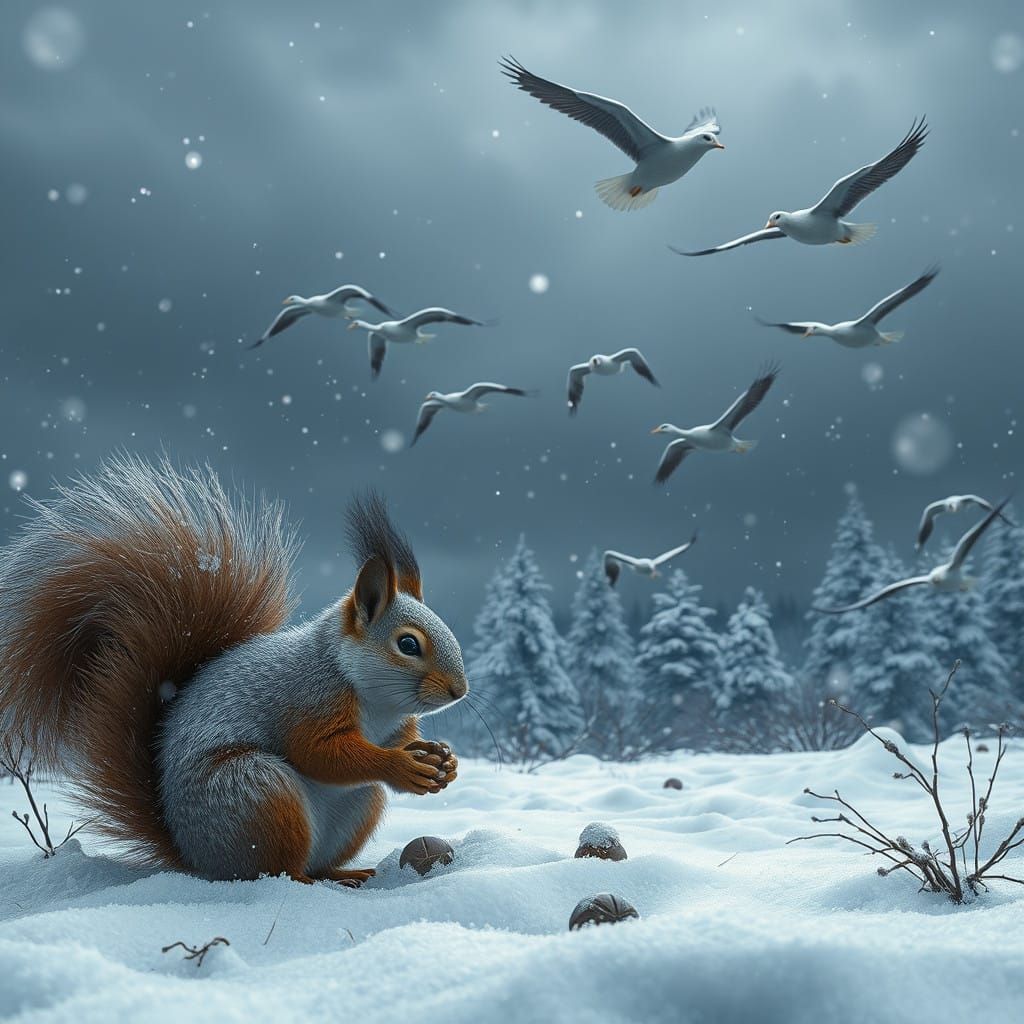 Winter Wonderland Scene with Squirrel and Geese
