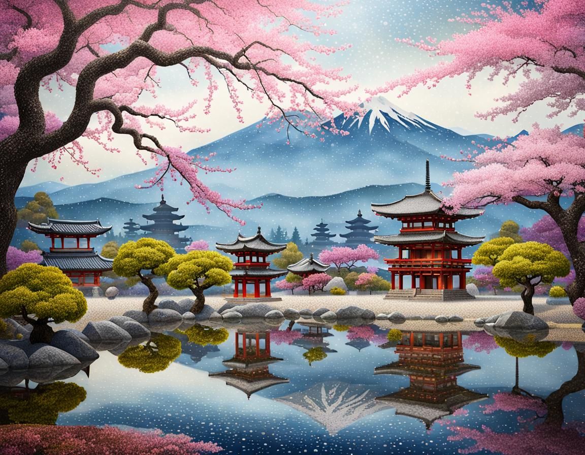 Japanese Zen Garden in Pointillism Folk Art Style