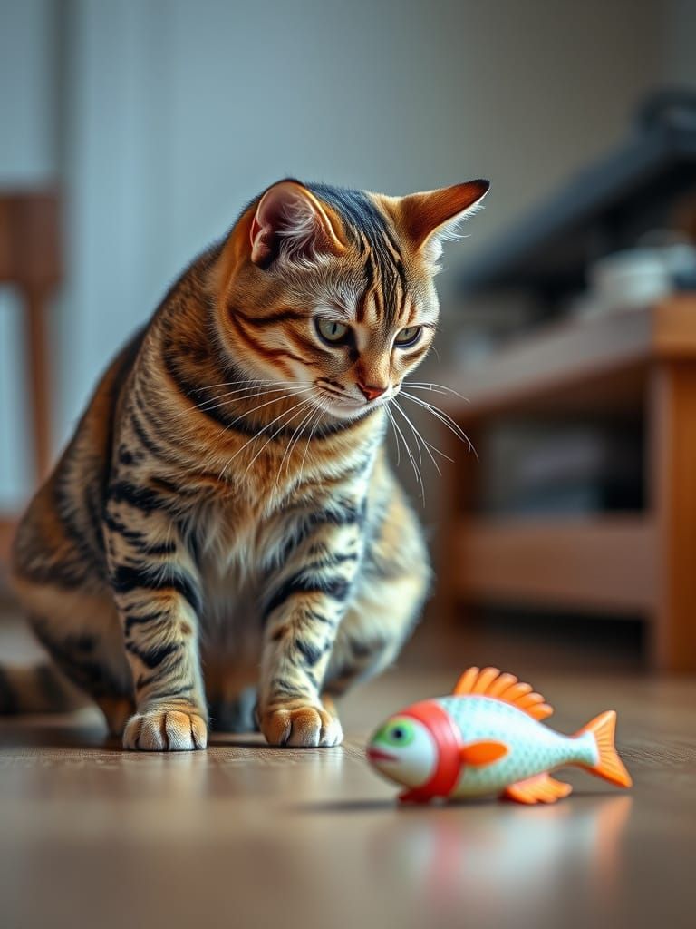 Whiskered Feline Prepares to Pounce on Toy Fish