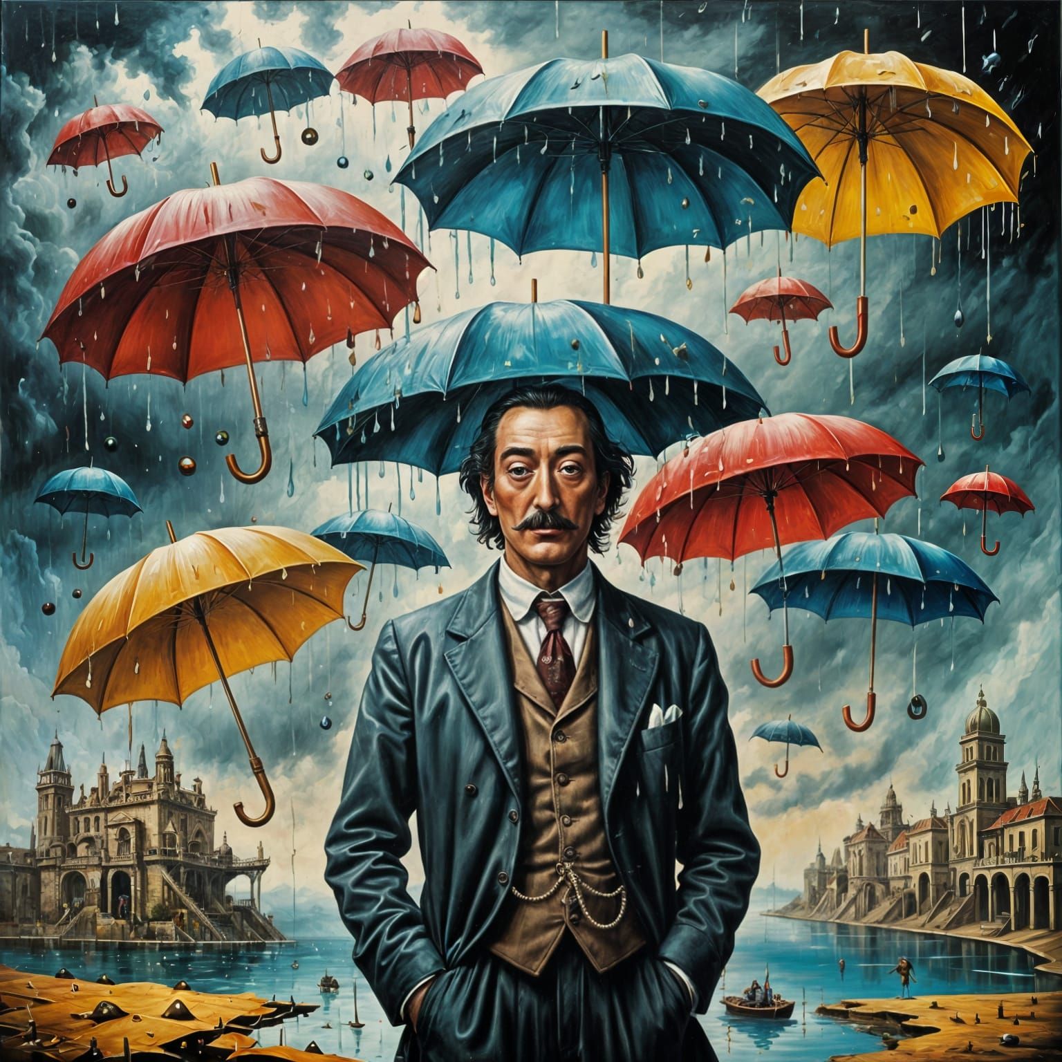 Steampunk Umbrella Rain in Surreal Oil Painting