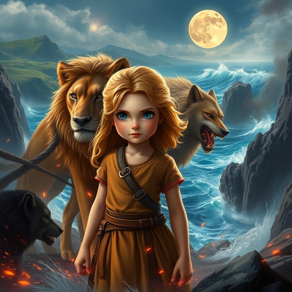 Brave Girl and Lion in Fantasy Battle