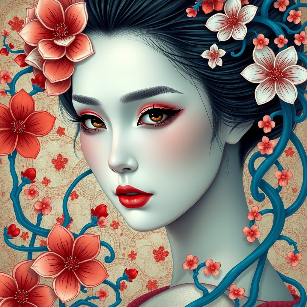 Japanese-Inspired Digital Painting With Floral Accents