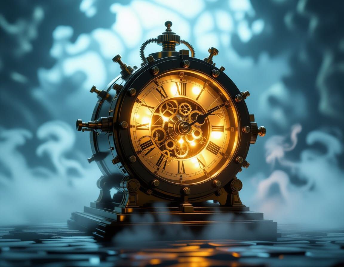 Intricate Time Machine Against Swirling Mists