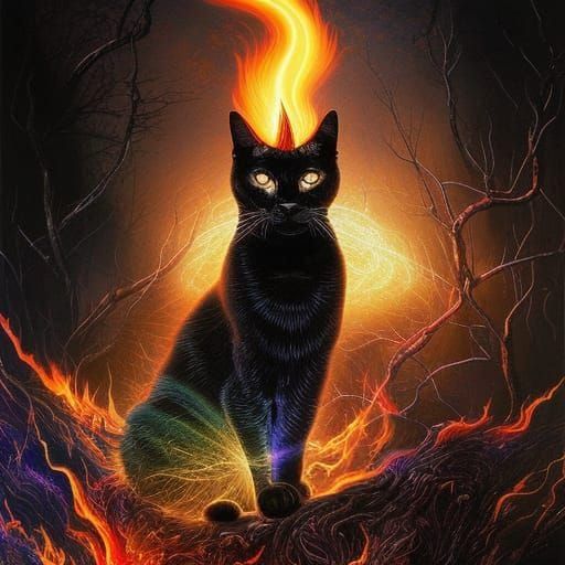 Mythical Black Cat with Firelight Illumination