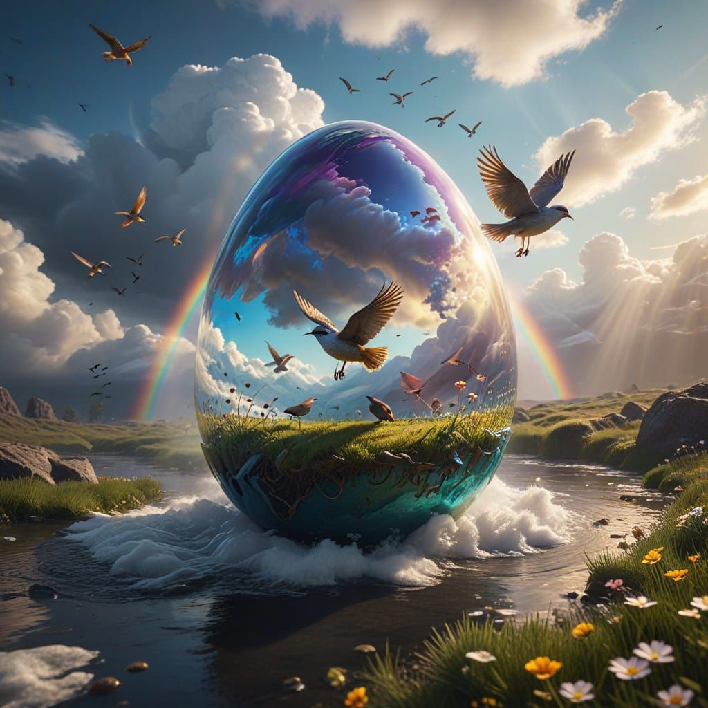 Whimsical Fantasy Easter Egg Soars Through Double Rainbow Sk...