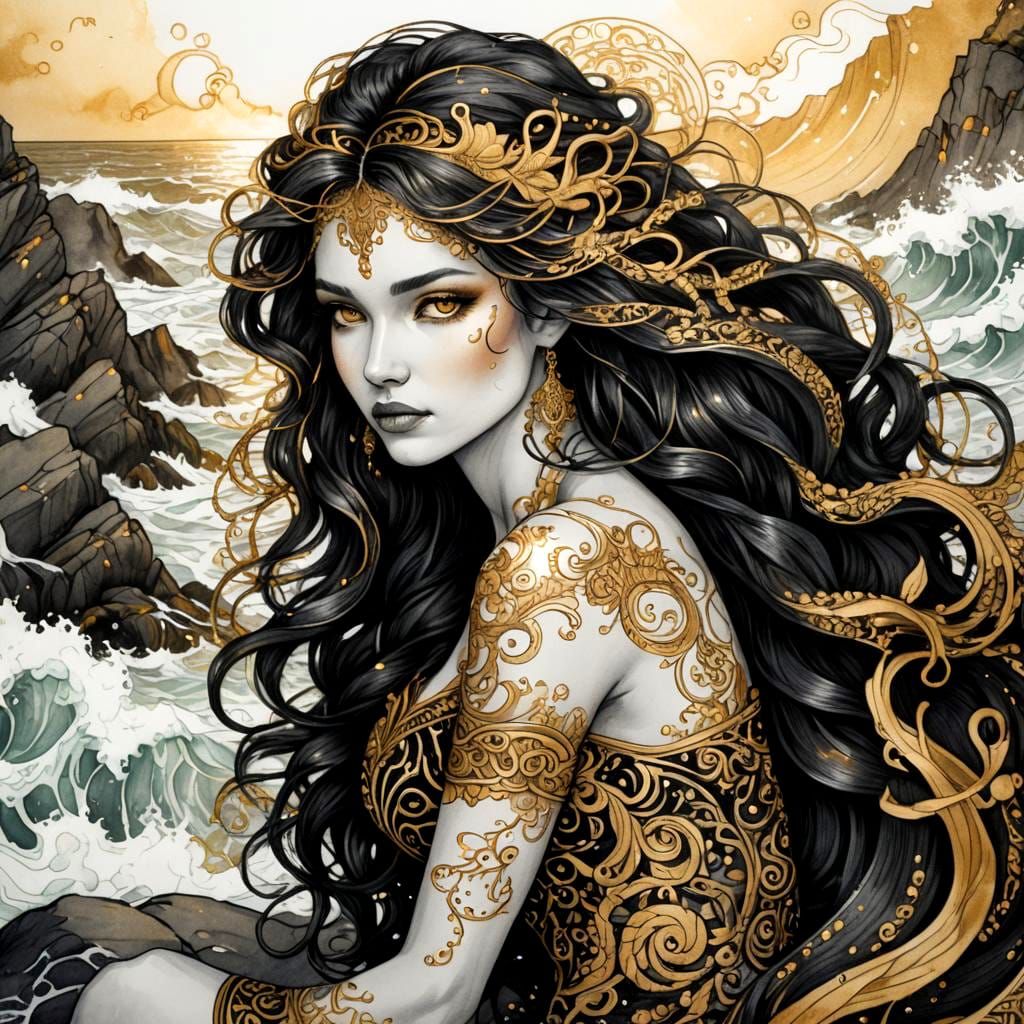 Striking Black and Gold Siren Ink Drawing