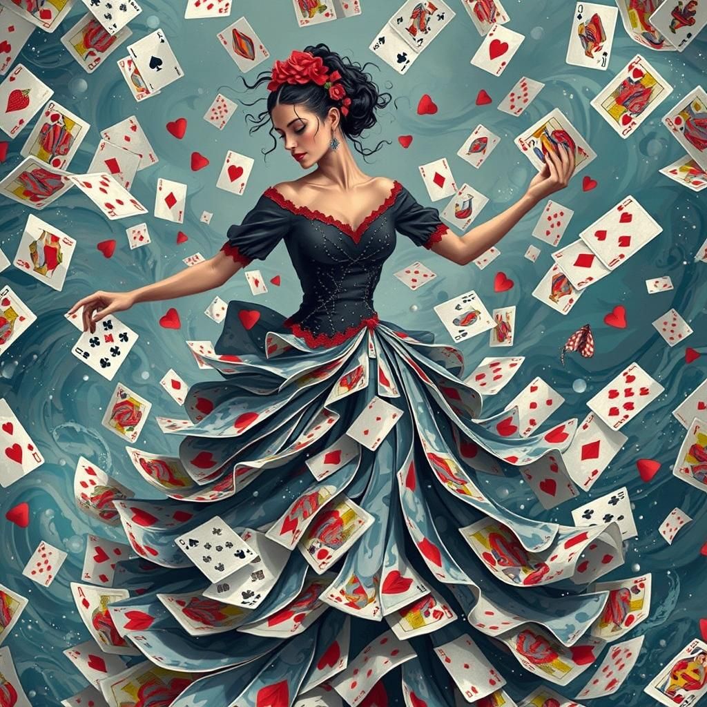 Flamenco Dancer's Enchanting Sea of Cards Poster