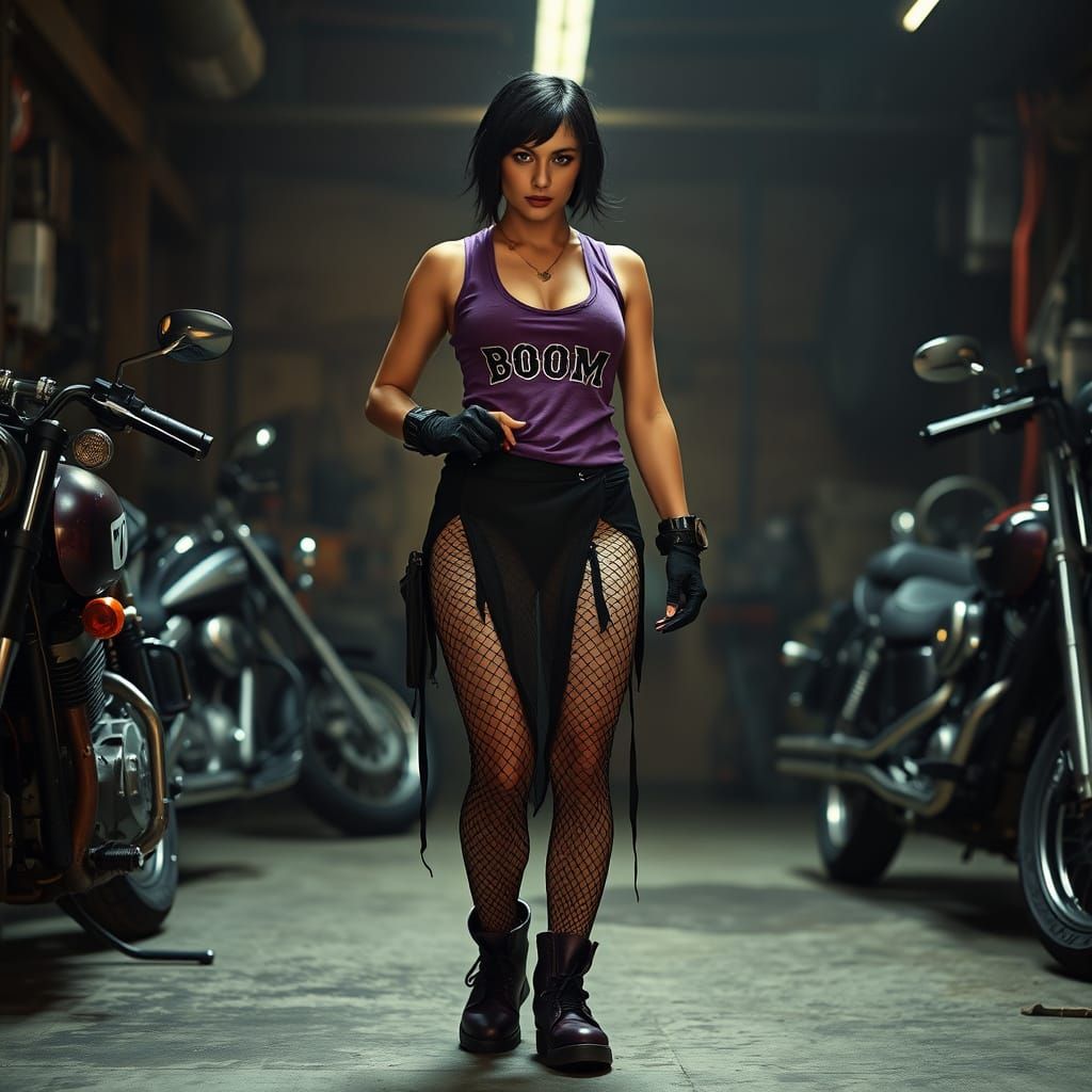 Rebel Biker Goddess in Dark Garage