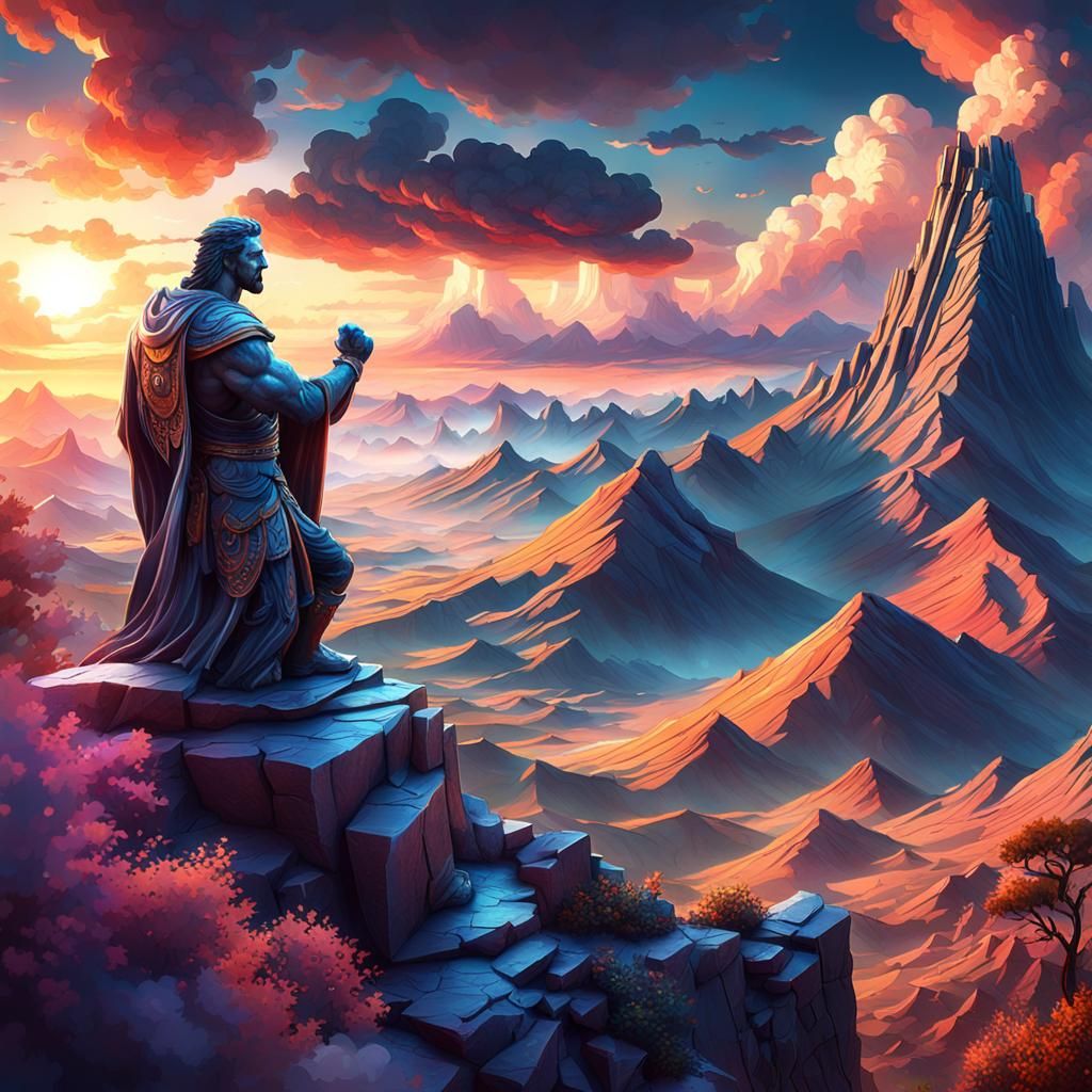 Surreal Sunset: Statue Raises Fist in Mountain
