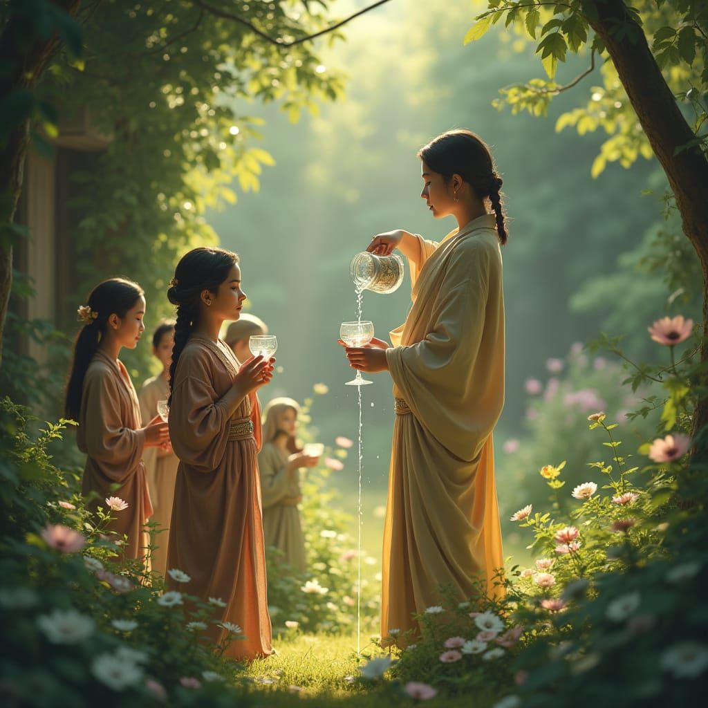 Serene Garden Oasis with Overflowing Water and Peaceful Comp...