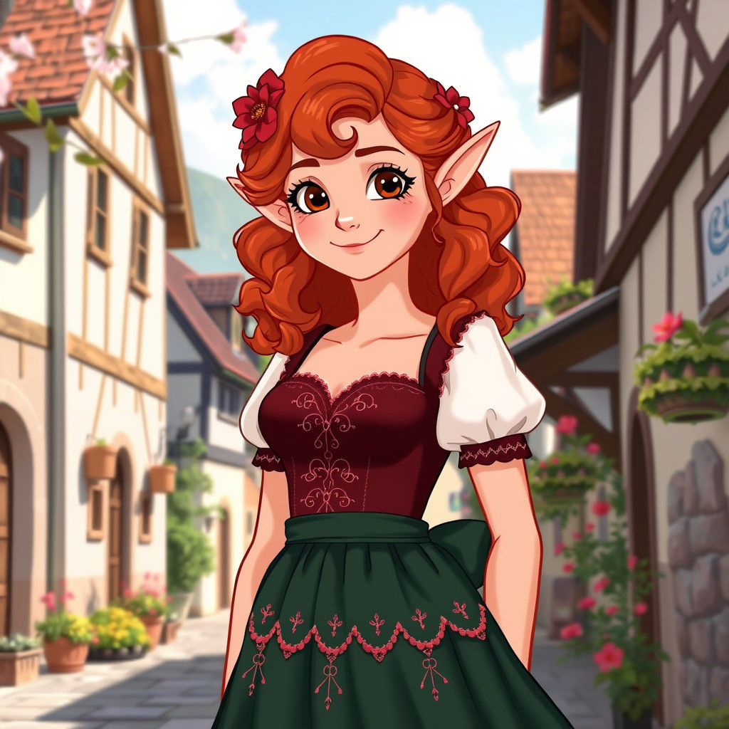 Elven Beauty in German Village, Cartoon Style