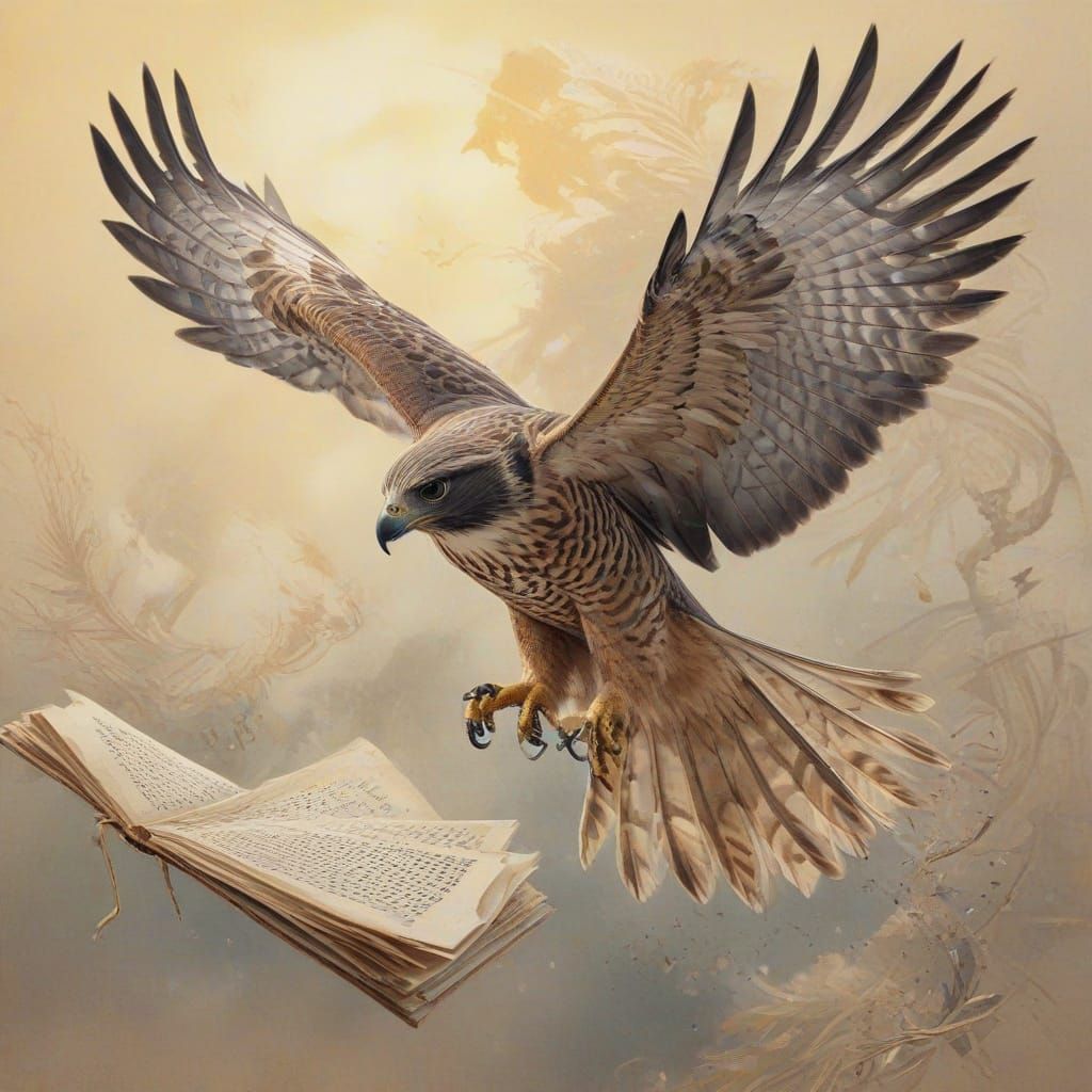 Falcon in Whimsical Flight, Quill in Talons, Amidst Poetry