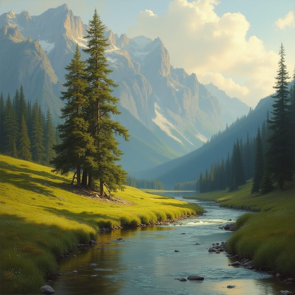 Majestic Mountain River Landscape in the Style of Bierstadt
