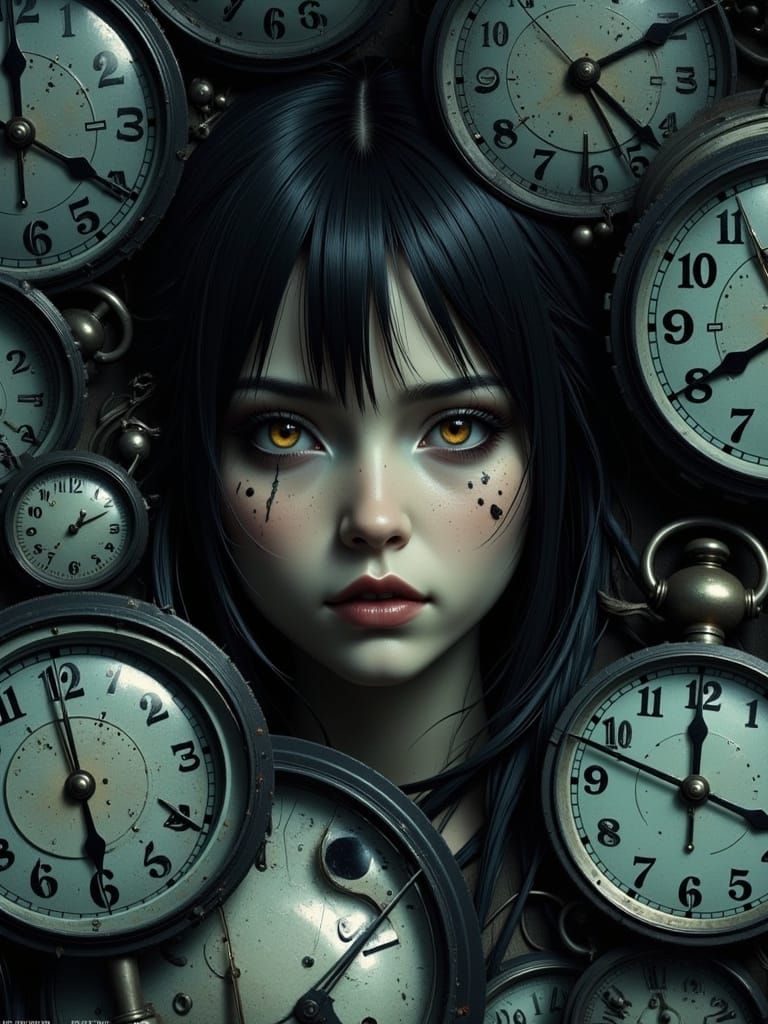 Sadako's Vengeful Face with Eerie Clocks in Double Exposure