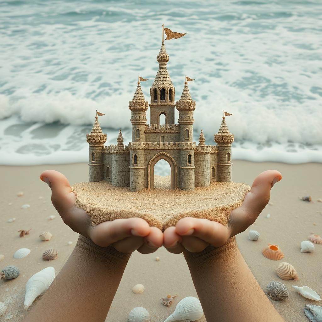 Surreal Sandcastle in Palms: Hyperrealistic Geometry