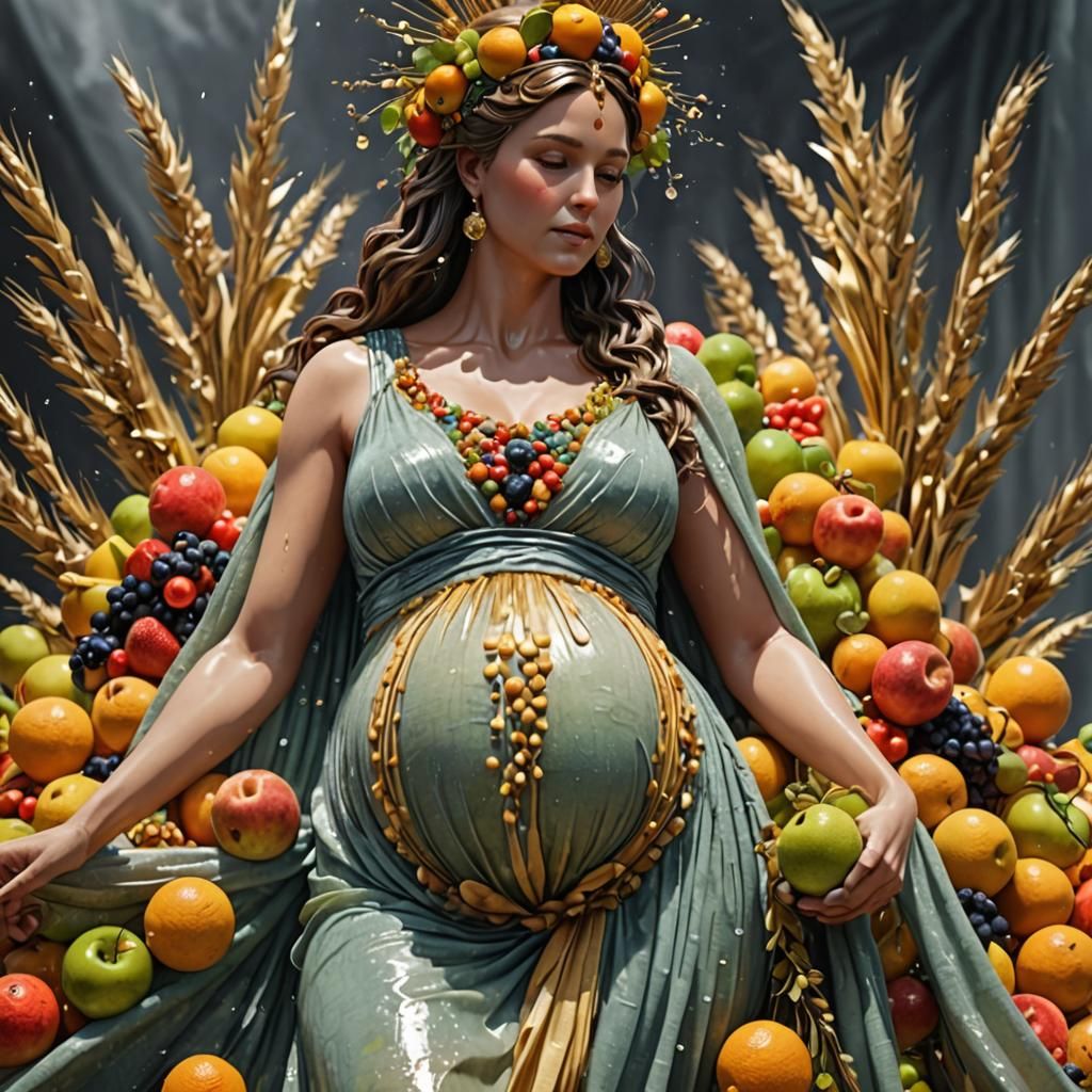 Pregnant Goddess in Fruit Dress with Crystal Cloth