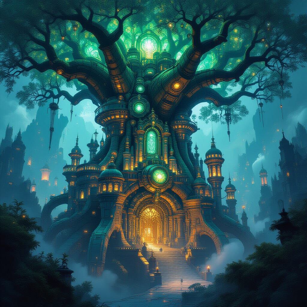 Colossal Automaton City Within Ancient Tree in Steampunk Sty...