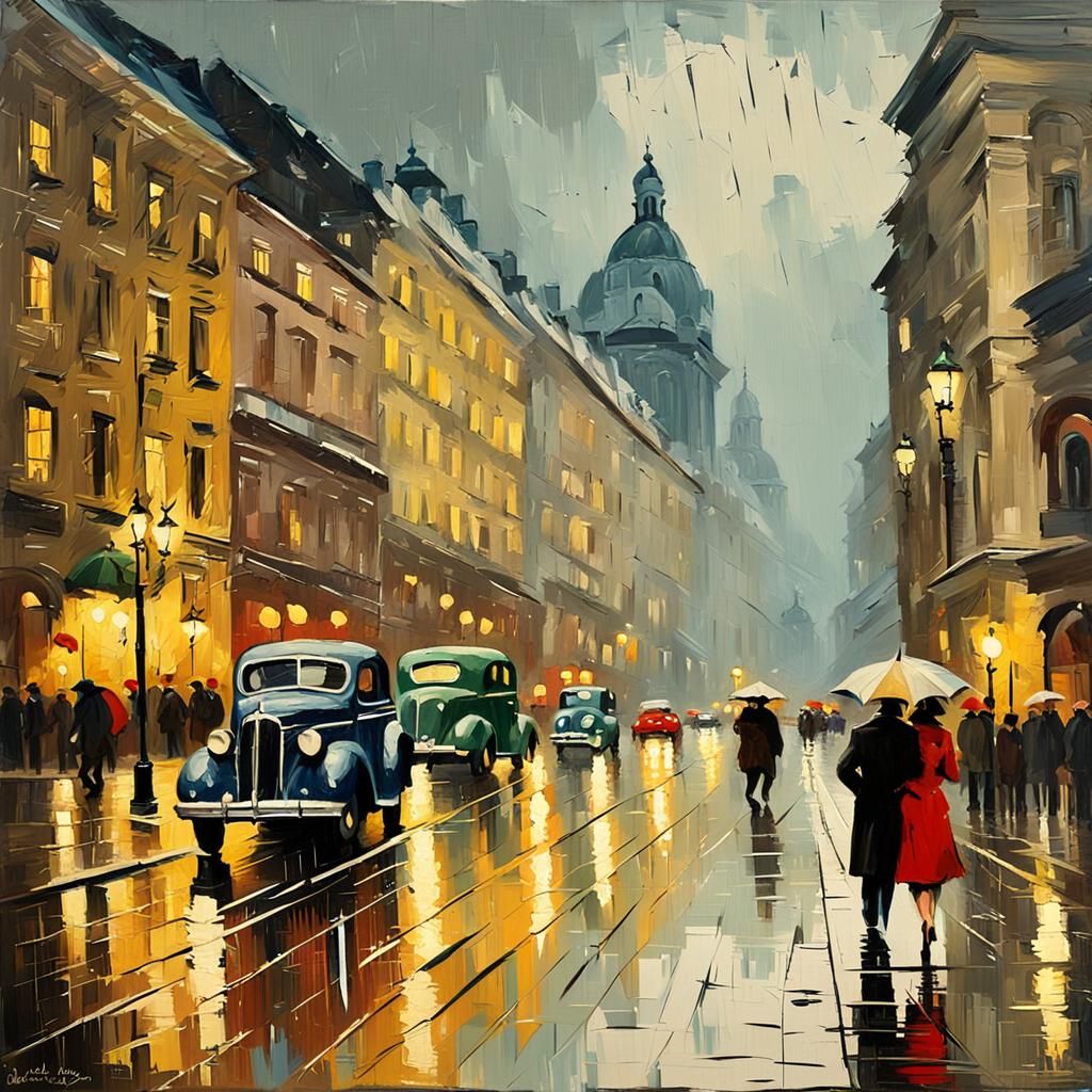 1939 Rainy Downtown Street Scene in Retro Style