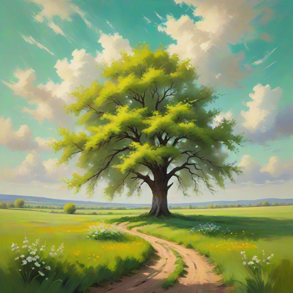Serene Spring Landscape with Lone Tree in Campina