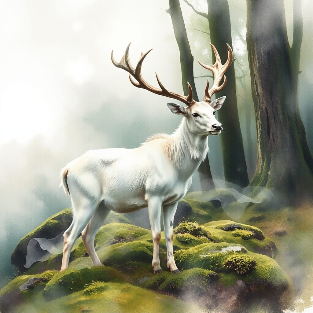 White Stag with Tree-Like Antlers in Misty Watercolor Forest