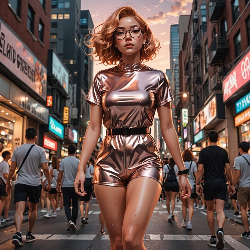 Woman in Rose Gold Latex Romper, Anime Style