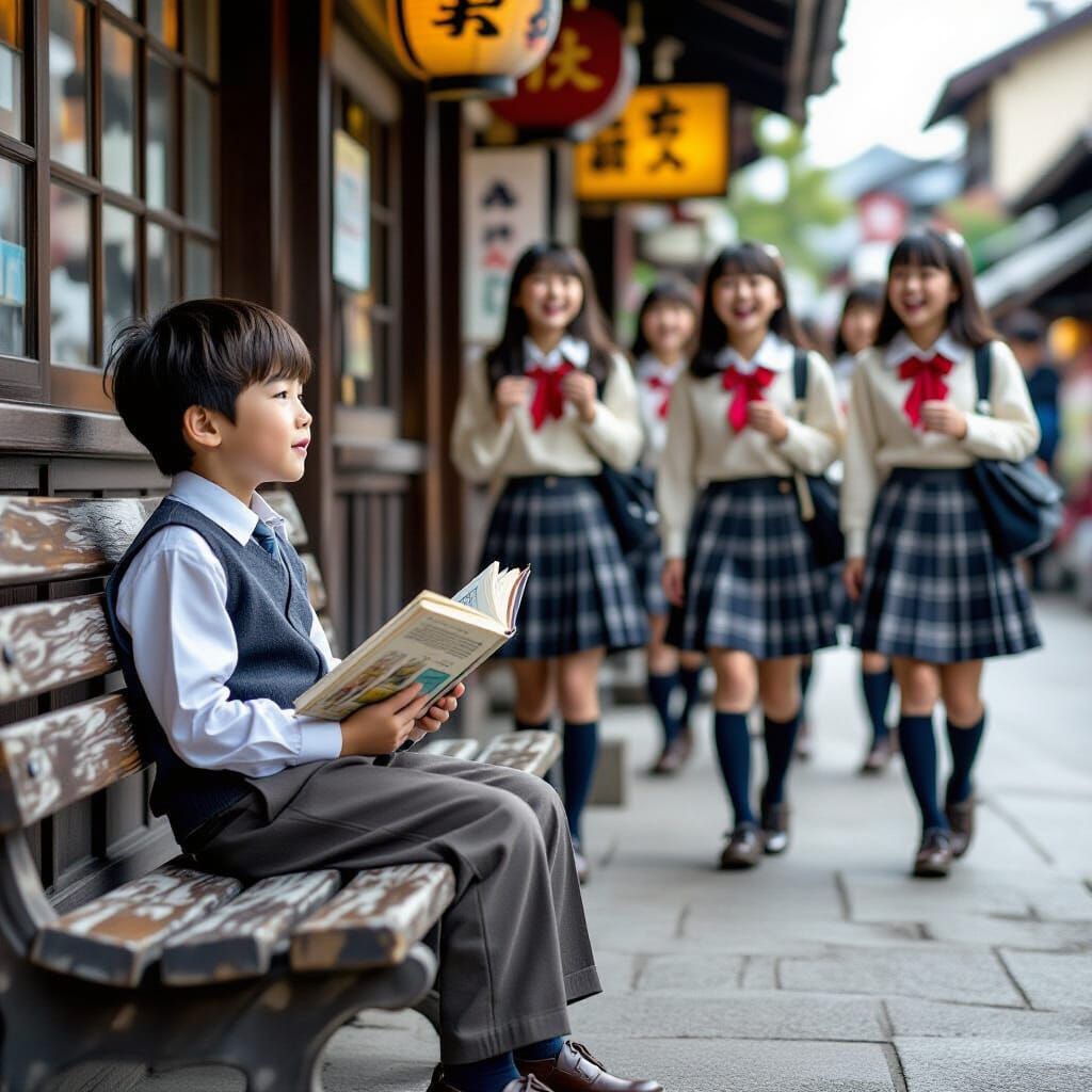 Boy Reading Interrupted by Schoolgirls: Cinematic Film Still